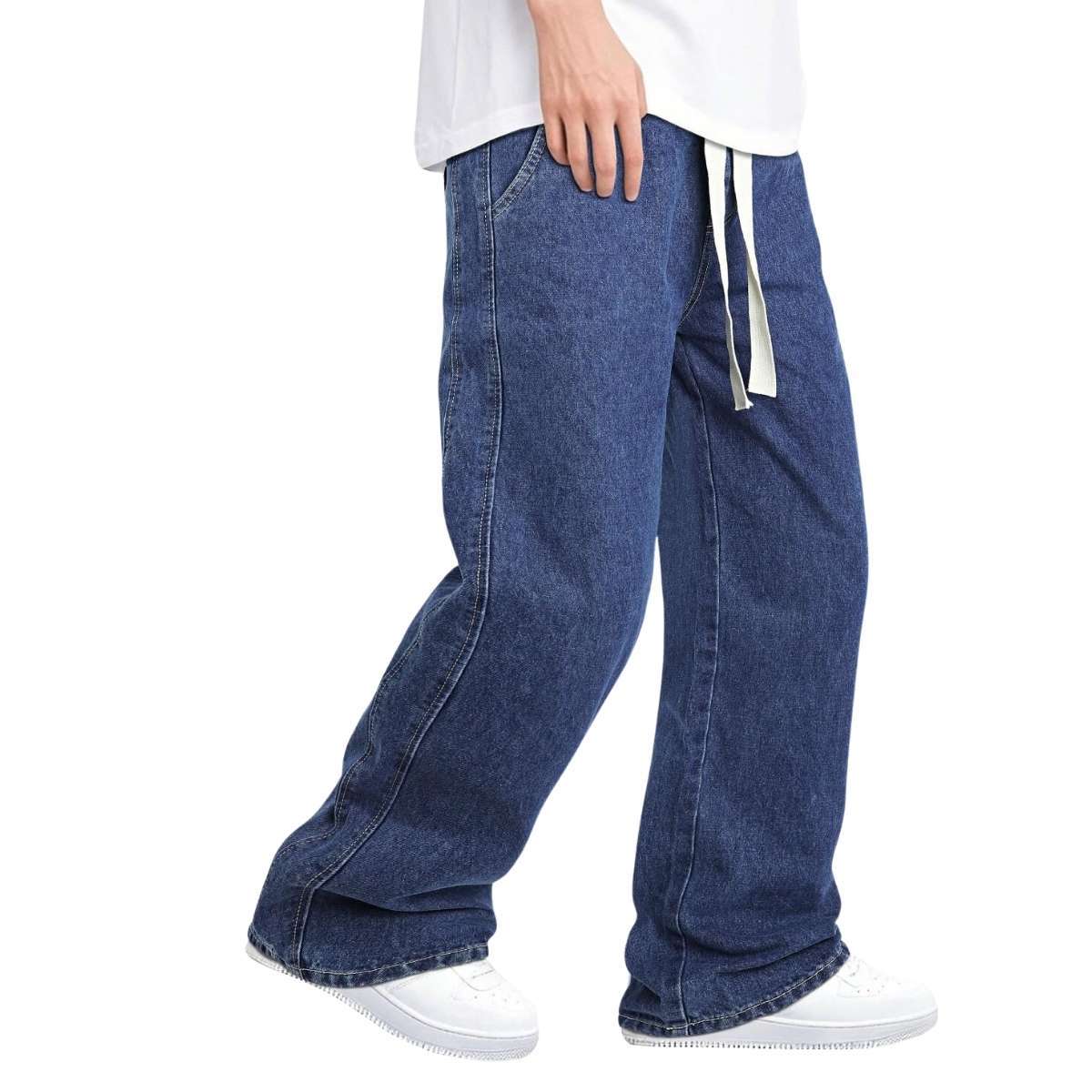 Men’s Drawstring Waist Wide-Leg Baggy Jeans