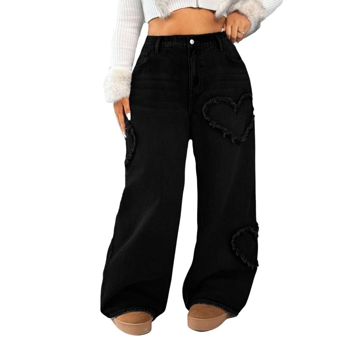Women’s High Waisted Distressed Heart Pattern Wide Leg Jeans