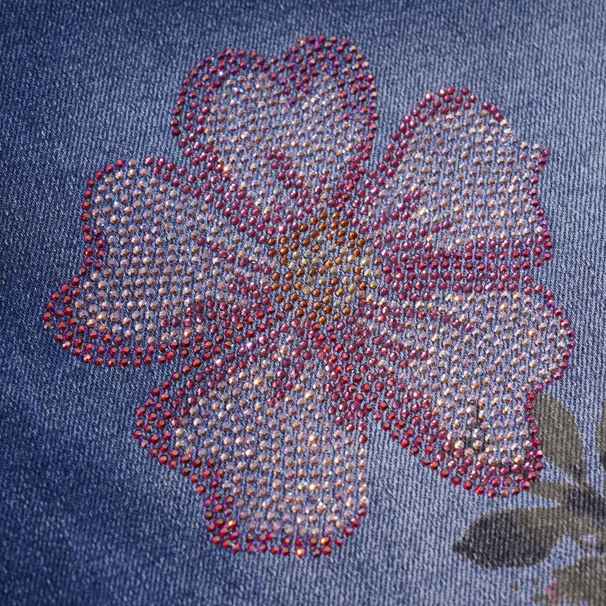 Rhinestone Blossom Print Denim Jeans