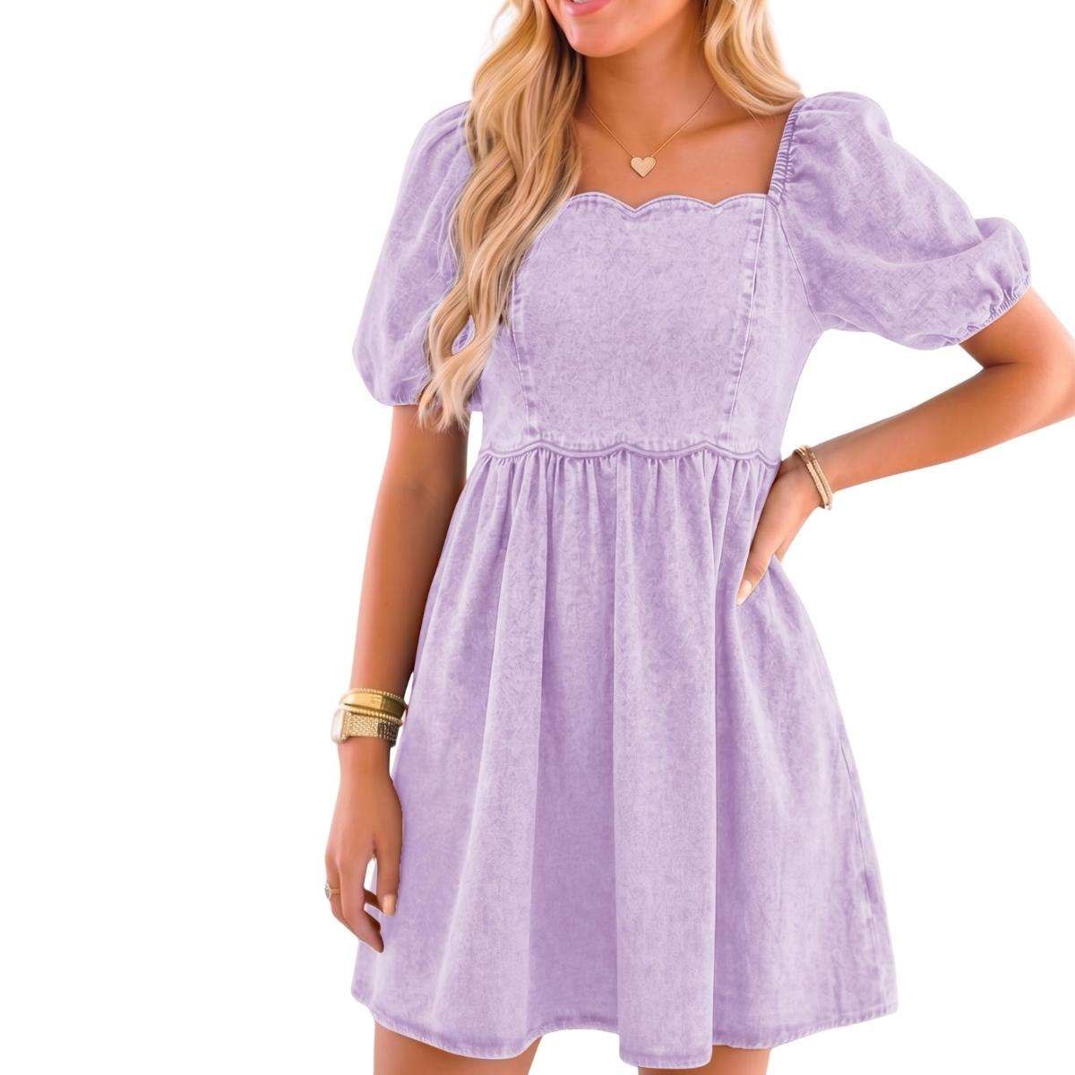 Women’s Western Puff Sleeve Sweetheart Neckline Denim Babydoll Mini Dress