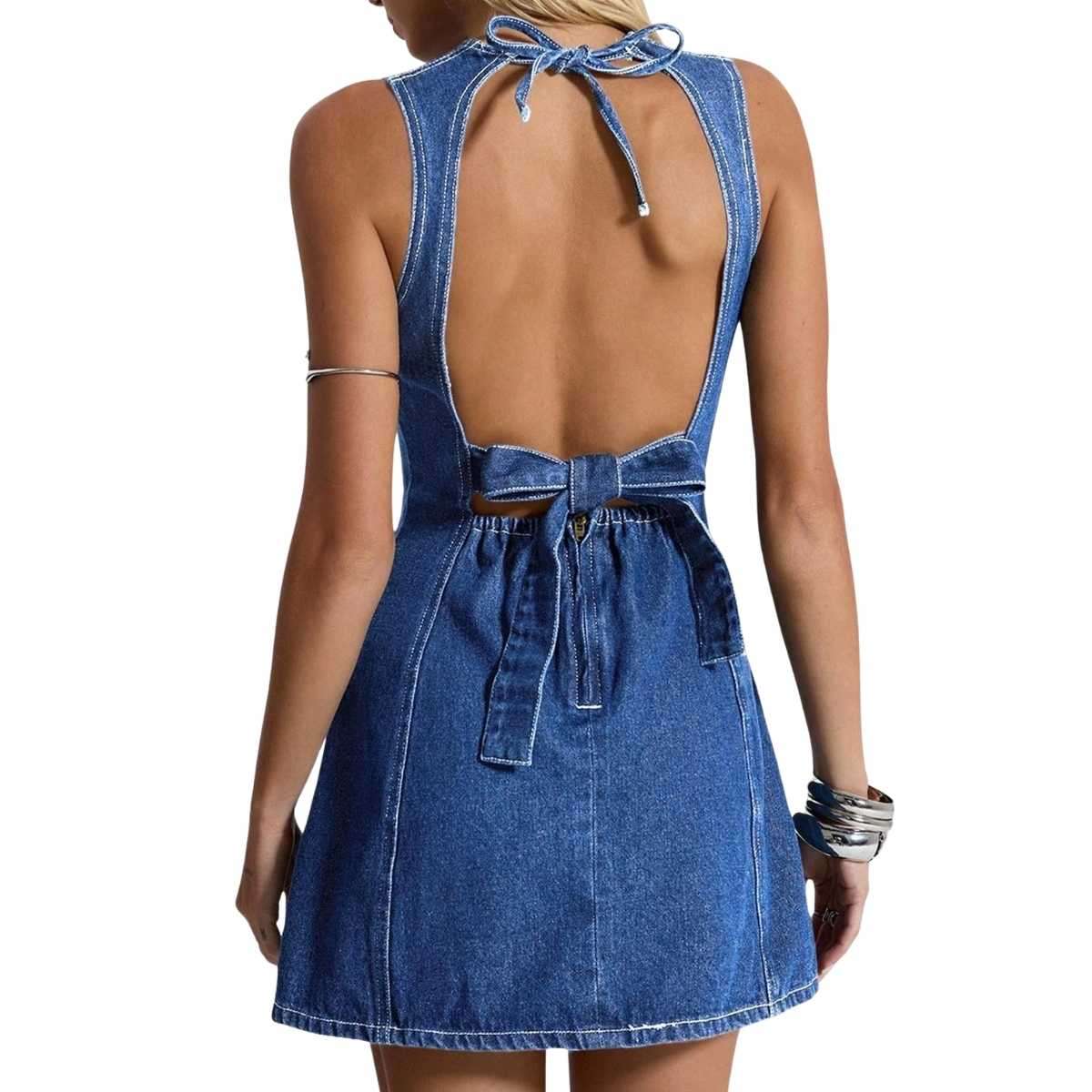 Y2K Bow Tie Open Back Denim Mini Dress