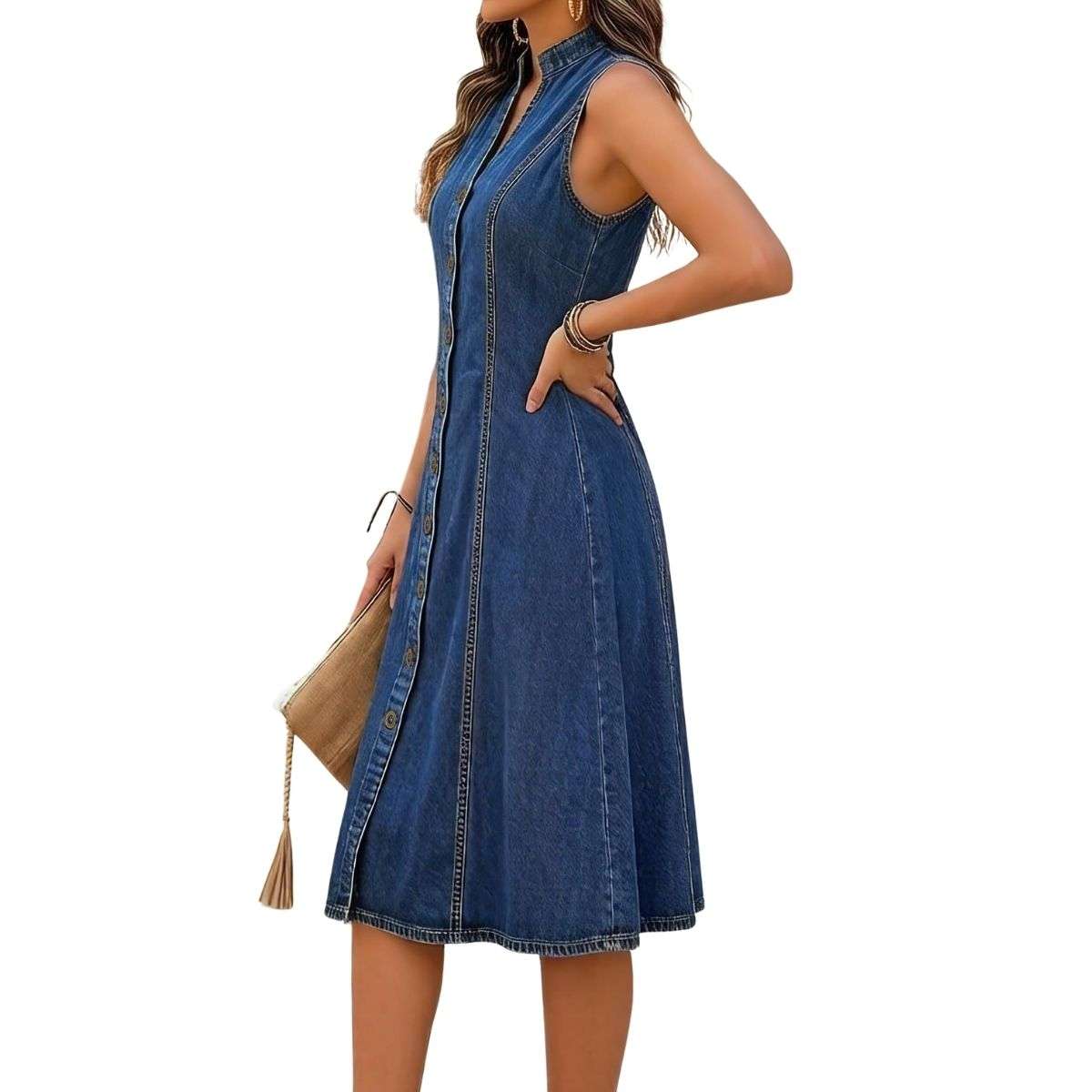 Women’s Sleeveless V Neck Button Front A-Line Pockets Denim Midi Dress