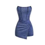 Women’s Y2K Strapless Bodycon Wrap Front Short Denim Romper