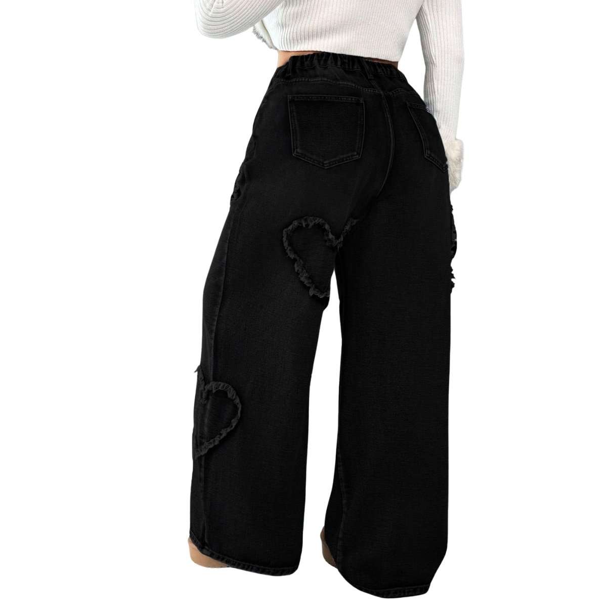 Women’s High Waisted Distressed Heart Pattern Wide Leg Jeans