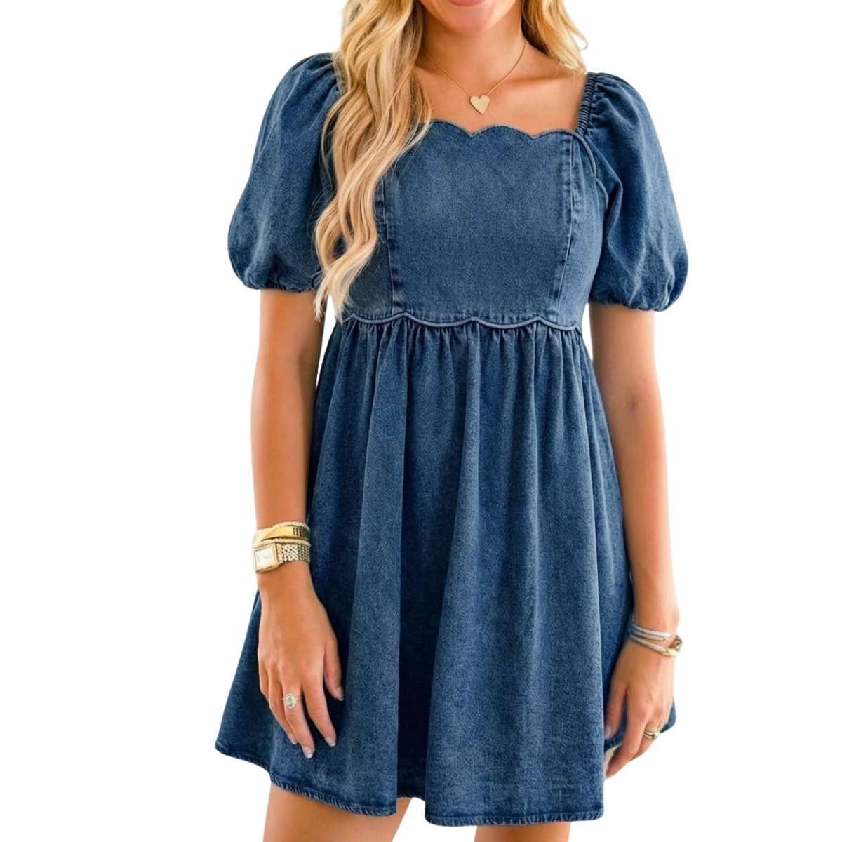 Women’s Western Puff Sleeve Sweetheart Neckline Denim Babydoll Mini Dress