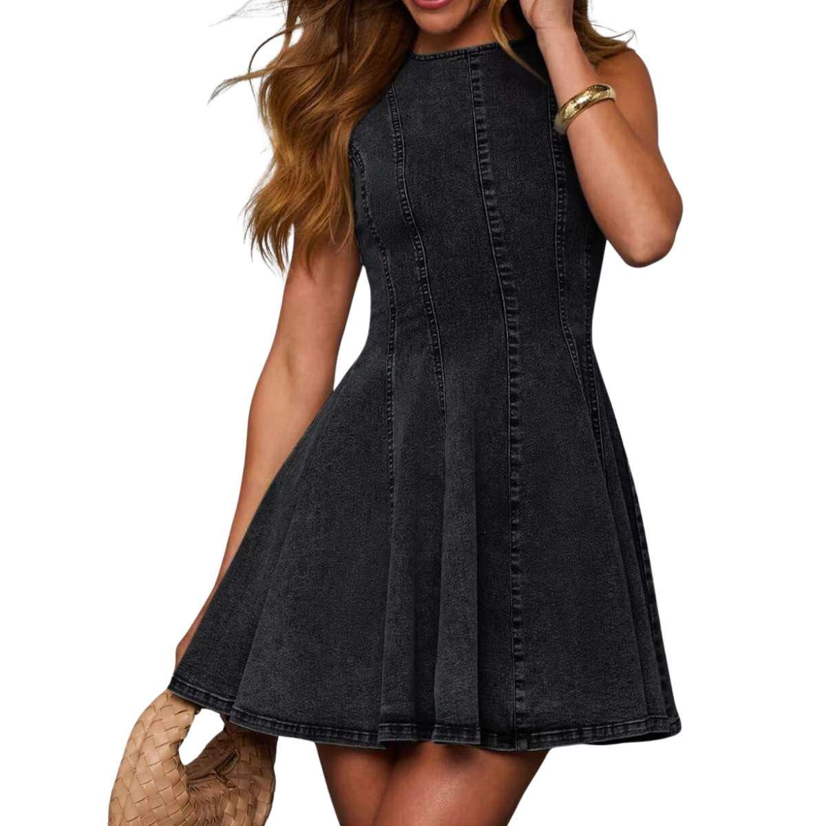 Women’s Sleeveless Slim Fit A-Line Tank Denim Babydoll Mini Dress
