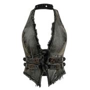 Women’s Y2K Backless Fringe Corset Denim Halter Top