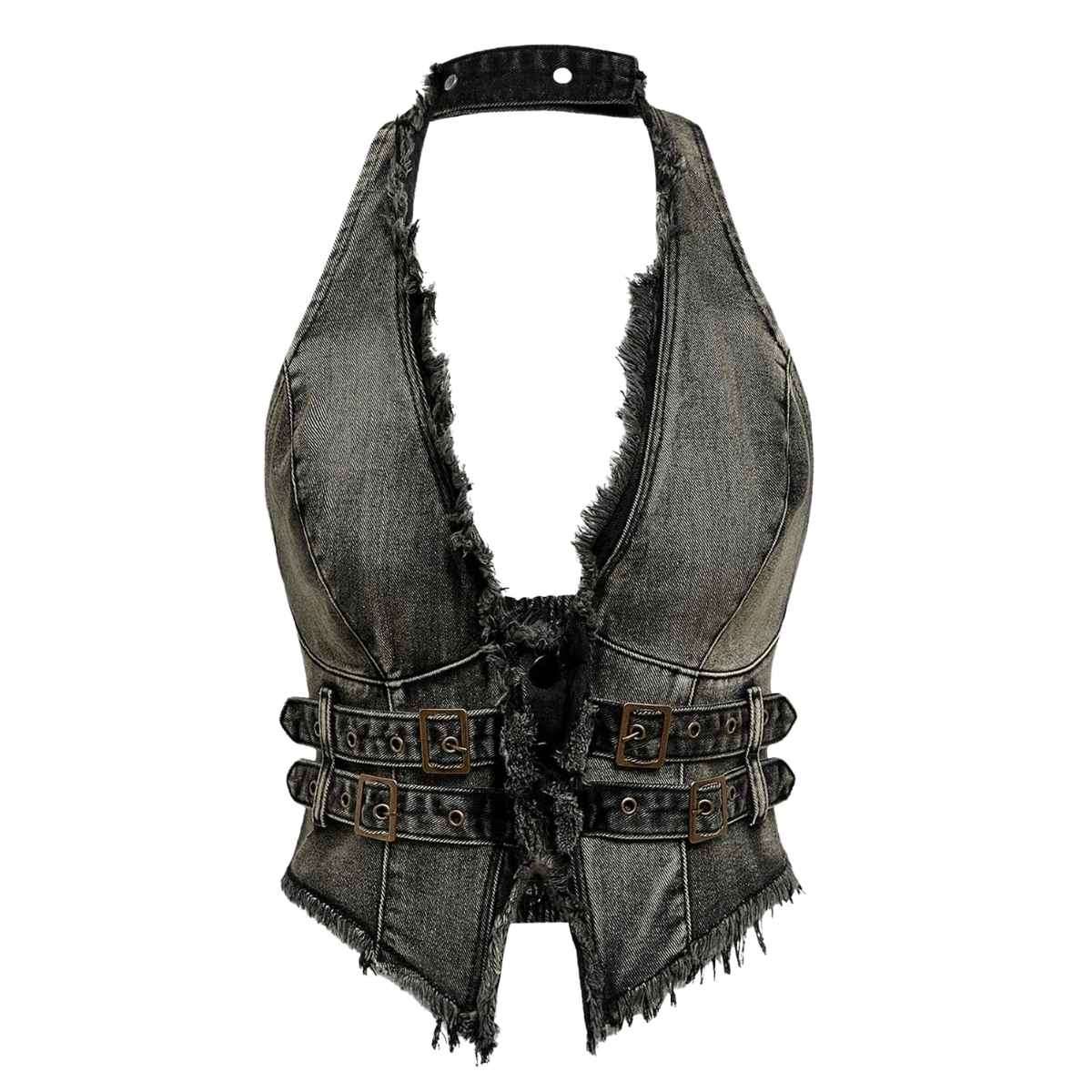 Women’s Y2K Backless Fringe Corset Denim Halter Top