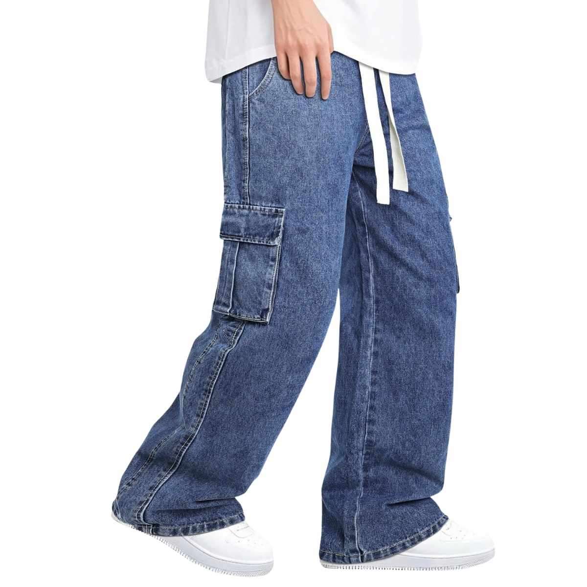 Men’s Drawstring Waist Wide-Leg Baggy Jeans