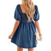 Women’s Western Puff Sleeve Sweetheart Neckline Denim Babydoll Mini Dress