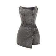 Women’s Y2K Strapless Bodycon Wrap Front Short Denim Romper