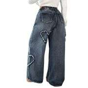 Women’s High Waisted Distressed Heart Pattern Wide Leg Jeans