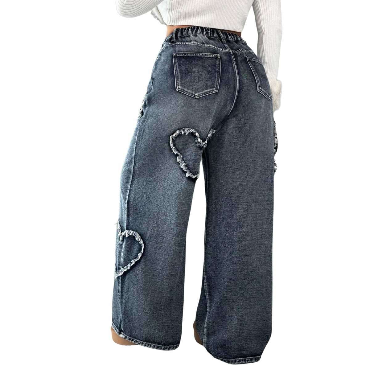 Women’s High Waisted Distressed Heart Pattern Wide Leg Jeans