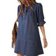 Women’s Button Down Babydoll Denim Ruffle Mini Dress