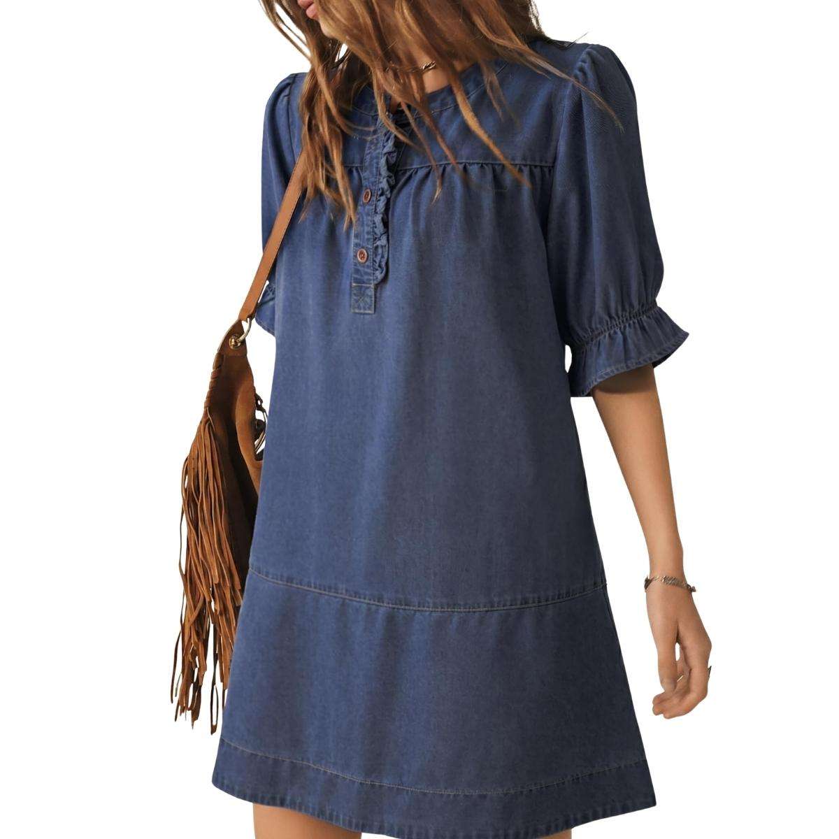 Women’s Button Down Babydoll Denim Ruffle Mini Dress