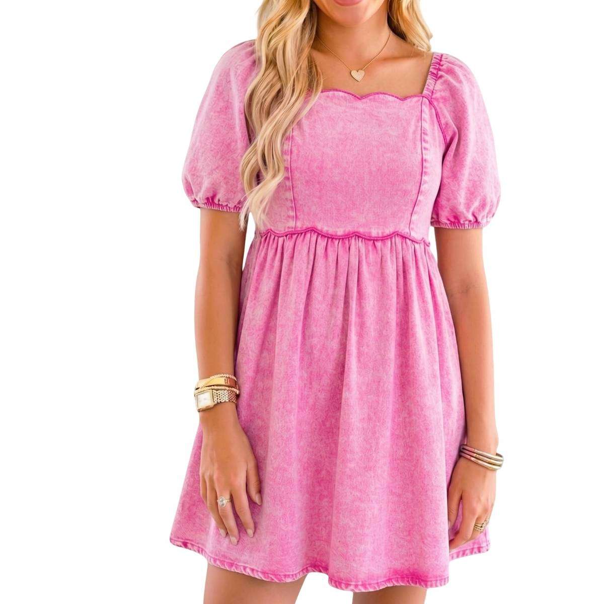 Women’s Western Puff Sleeve Sweetheart Neckline Denim Babydoll Mini Dress