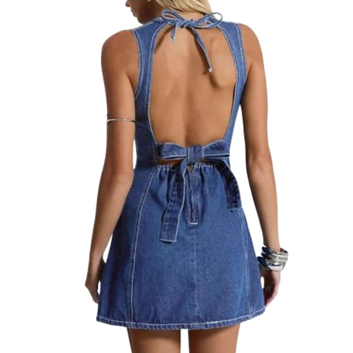 Y2K Bow Tie Open Back Denim Mini Dress