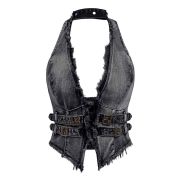 Women’s Y2K Backless Fringe Corset Denim Halter Top