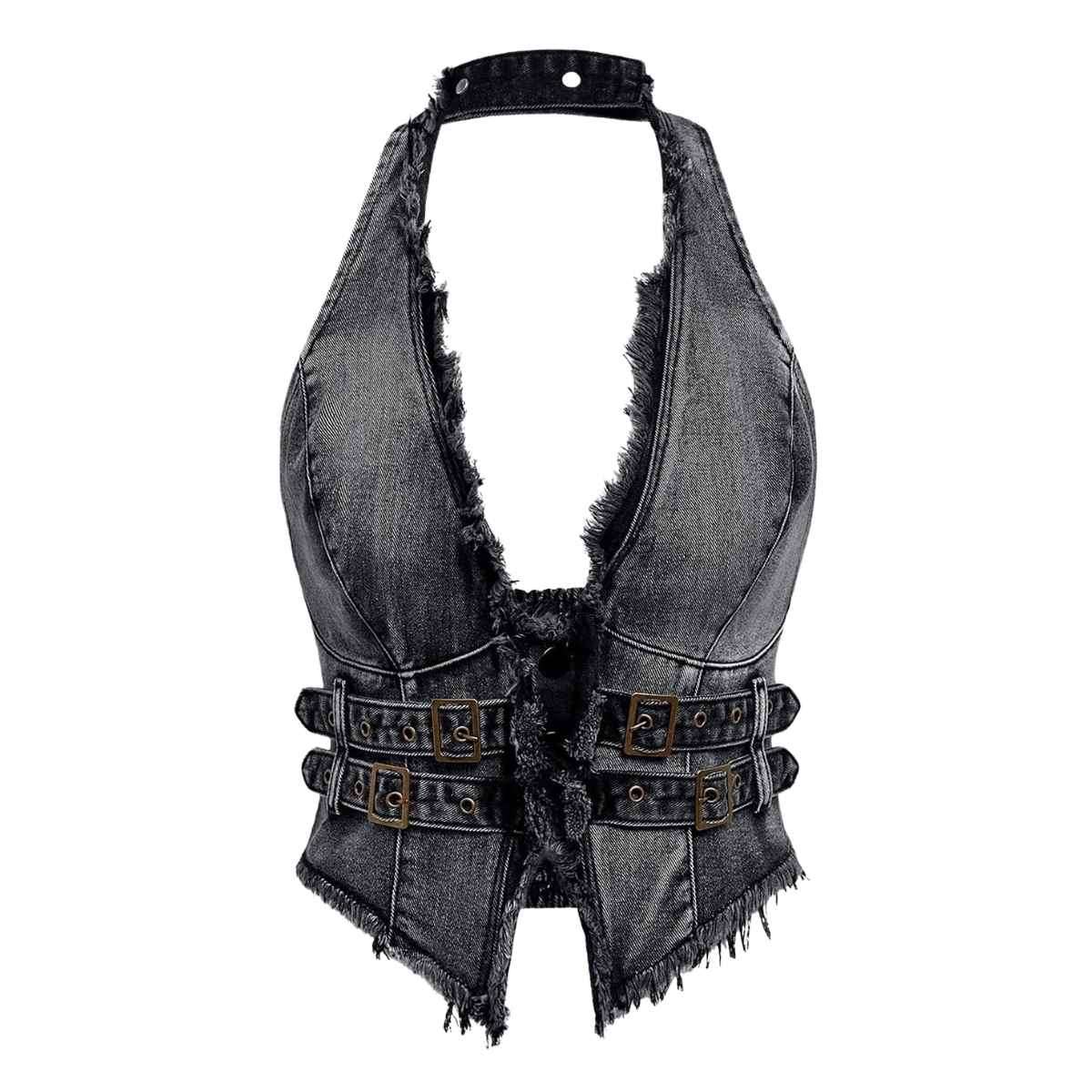 Women’s Y2K Backless Fringe Corset Denim Halter Top