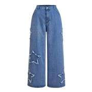 Women’s High Waisted Distressed Heart Pattern Wide Leg Jeans