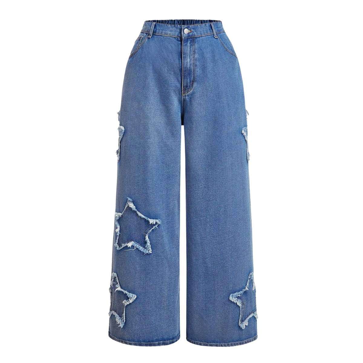 Women’s High Waisted Distressed Heart Pattern Wide Leg Jeans