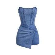 Women’s Y2K Strapless Bodycon Wrap Front Short Denim Romper