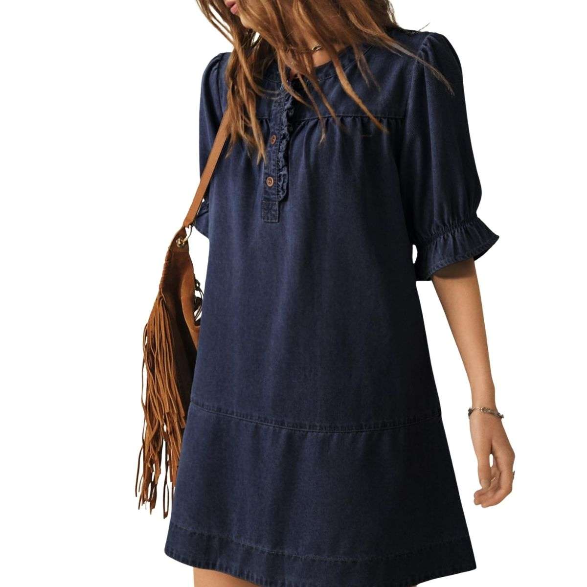 Women’s Button Down Babydoll Denim Ruffle Mini Dress
