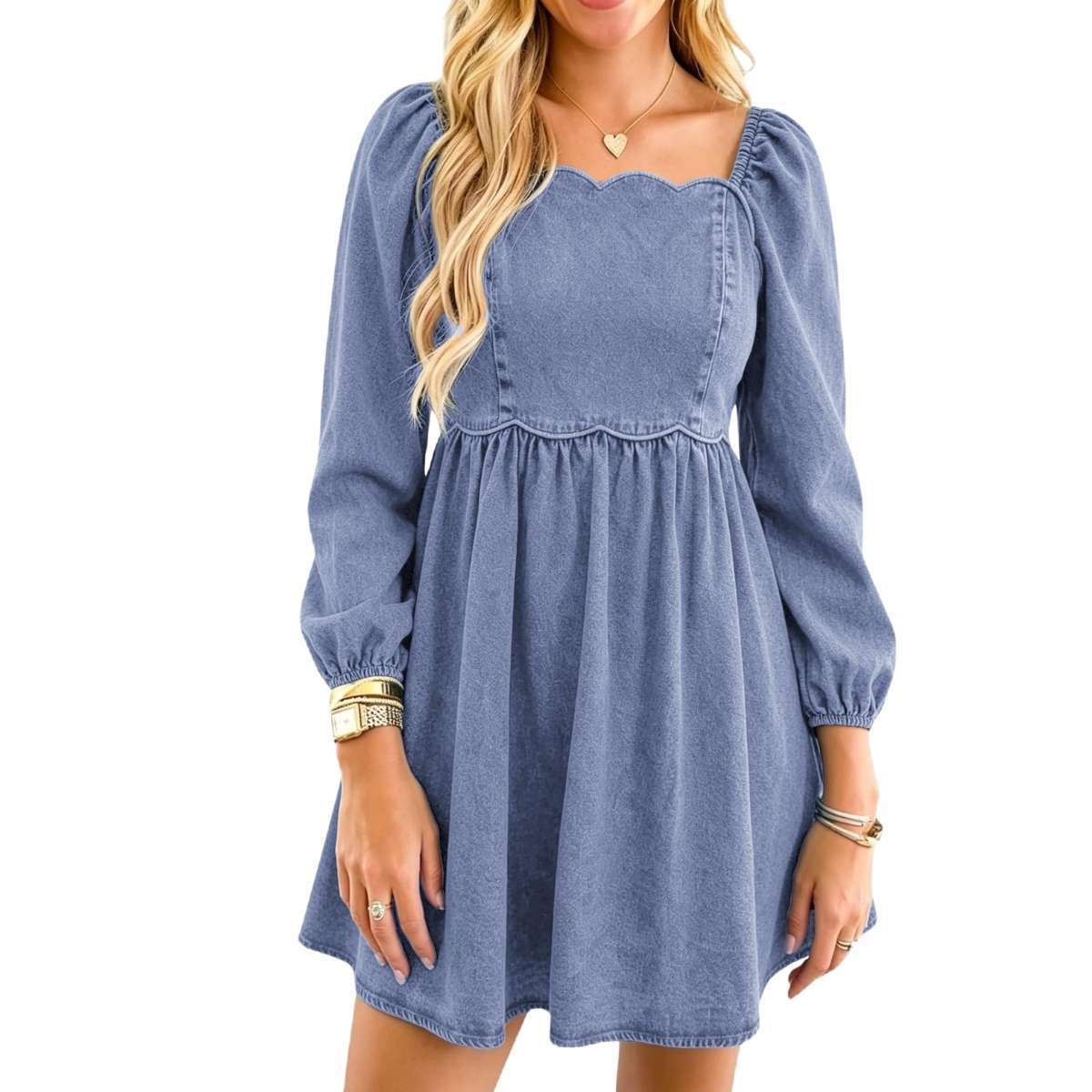 Women’s Western Puff Sleeve Sweetheart Neckline Denim Babydoll Mini Dress