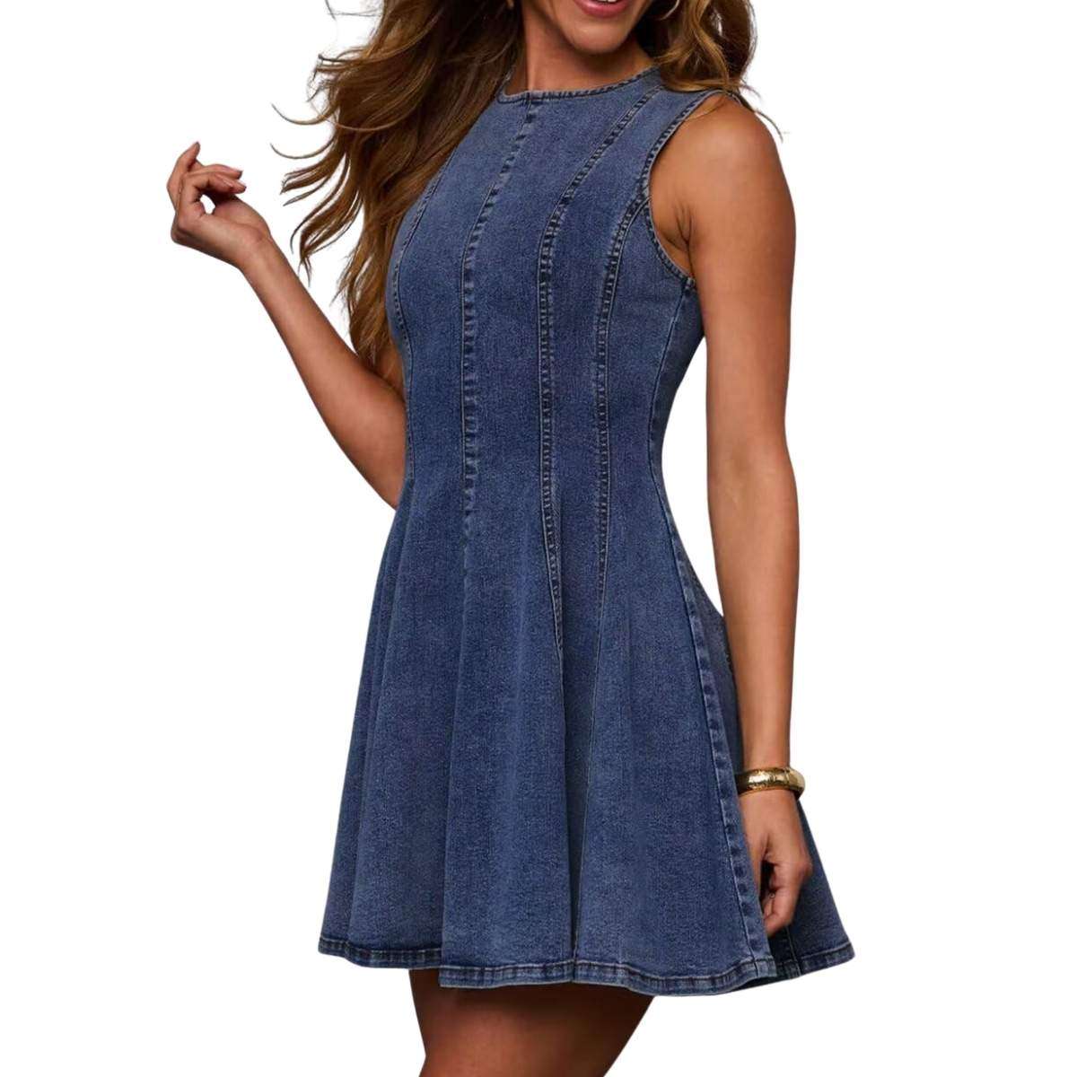Women’s Sleeveless Slim Fit A-Line Tank Denim Babydoll Mini Dress