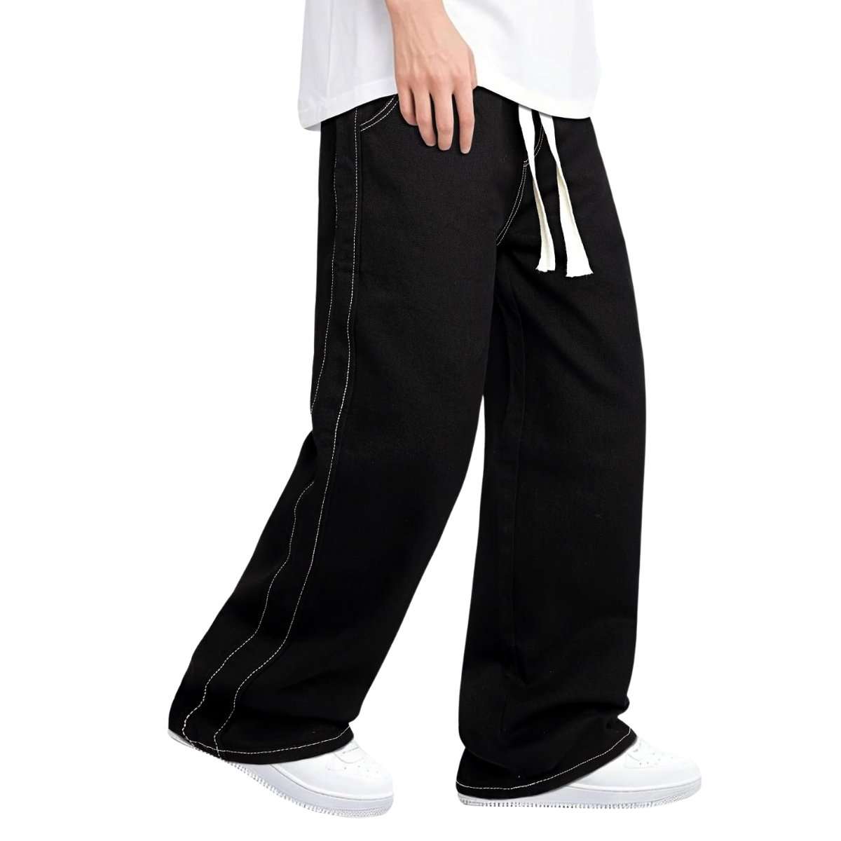 Men’s Drawstring Waist Wide-Leg Baggy Jeans