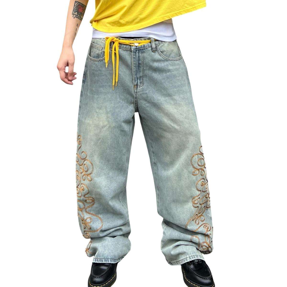 Men’s Y2K Hip Hop Embroidered Baggy Wide Leg Jeans