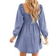 Women’s Western Puff Sleeve Sweetheart Neckline Denim Babydoll Mini Dress