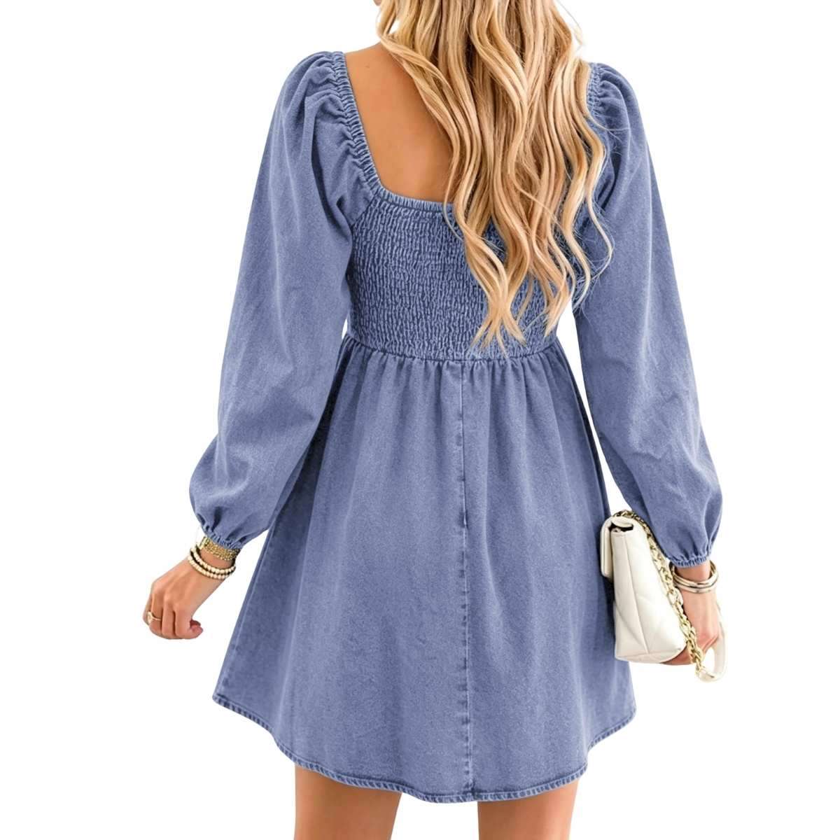 Women’s Western Puff Sleeve Sweetheart Neckline Denim Babydoll Mini Dress