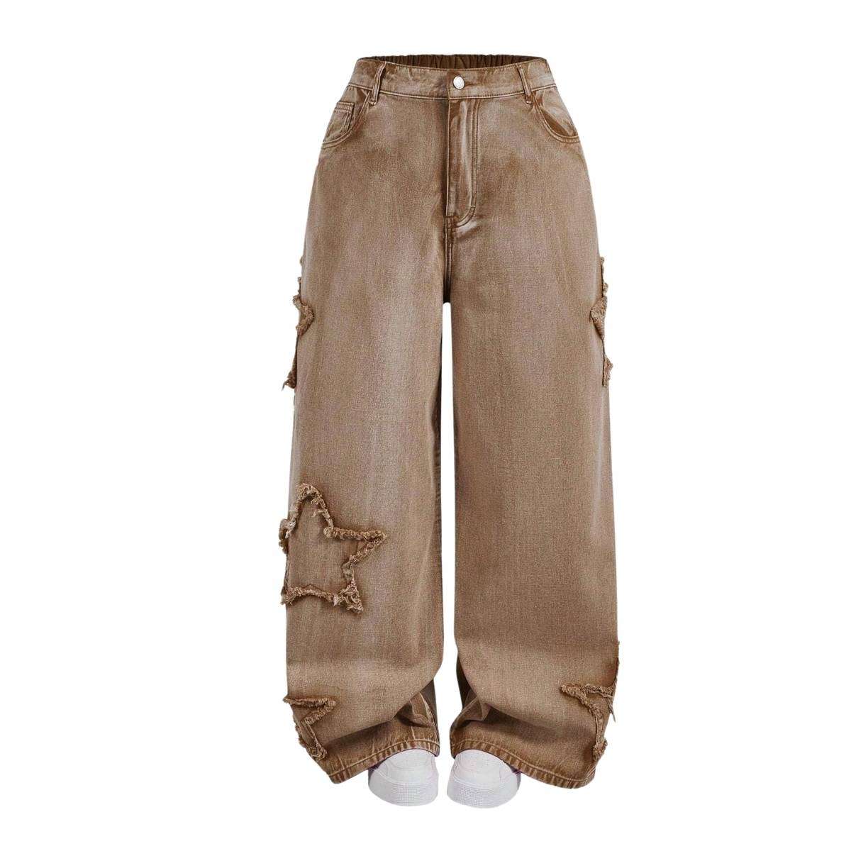 Women’s High Waisted Distressed Heart Pattern Wide Leg Jeans