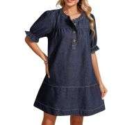 Women’s Button Down Babydoll Denim Ruffle Mini Dress