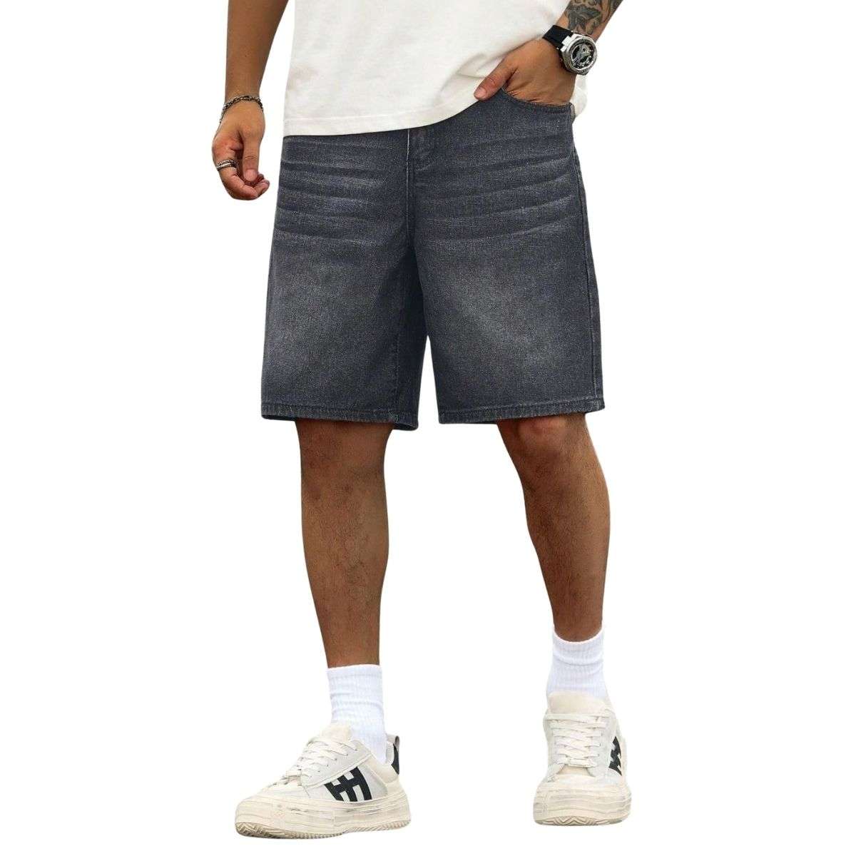 Mid Waist Slant Pockets Baggy Denim Jean Shorts
