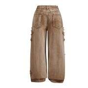 Women’s High Waisted Distressed Heart Pattern Wide Leg Jeans