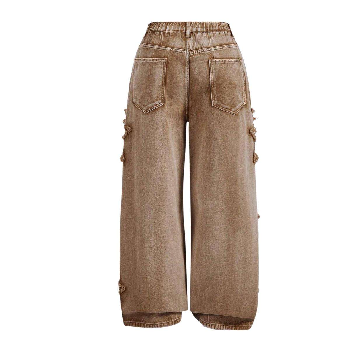 Women’s High Waisted Distressed Heart Pattern Wide Leg Jeans