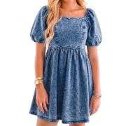 Women’s Western Puff Sleeve Sweetheart Neckline Denim Babydoll Mini Dress