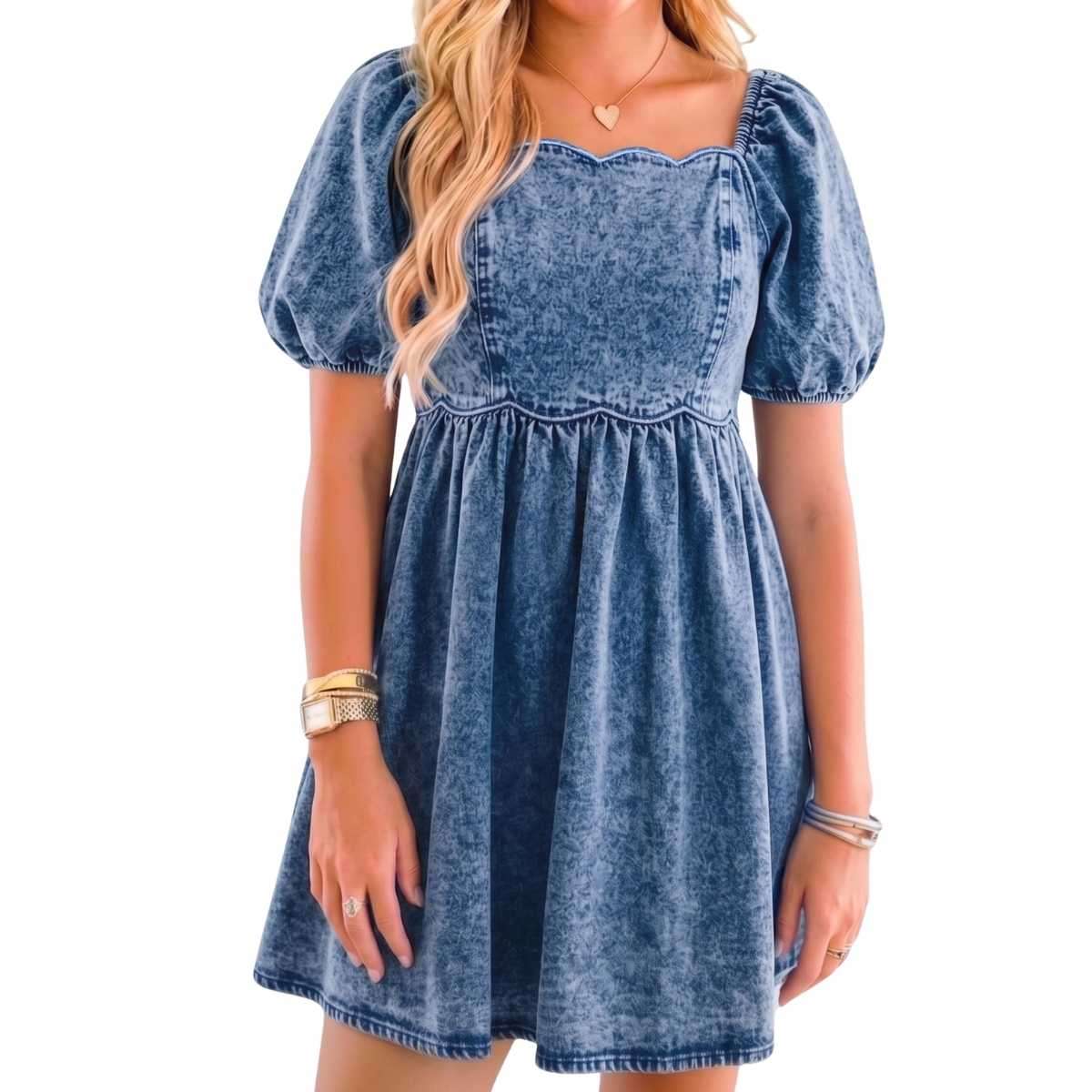 Women’s Western Puff Sleeve Sweetheart Neckline Denim Babydoll Mini Dress
