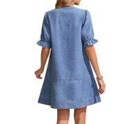 Women’s Button Down Babydoll Denim Ruffle Mini Dress