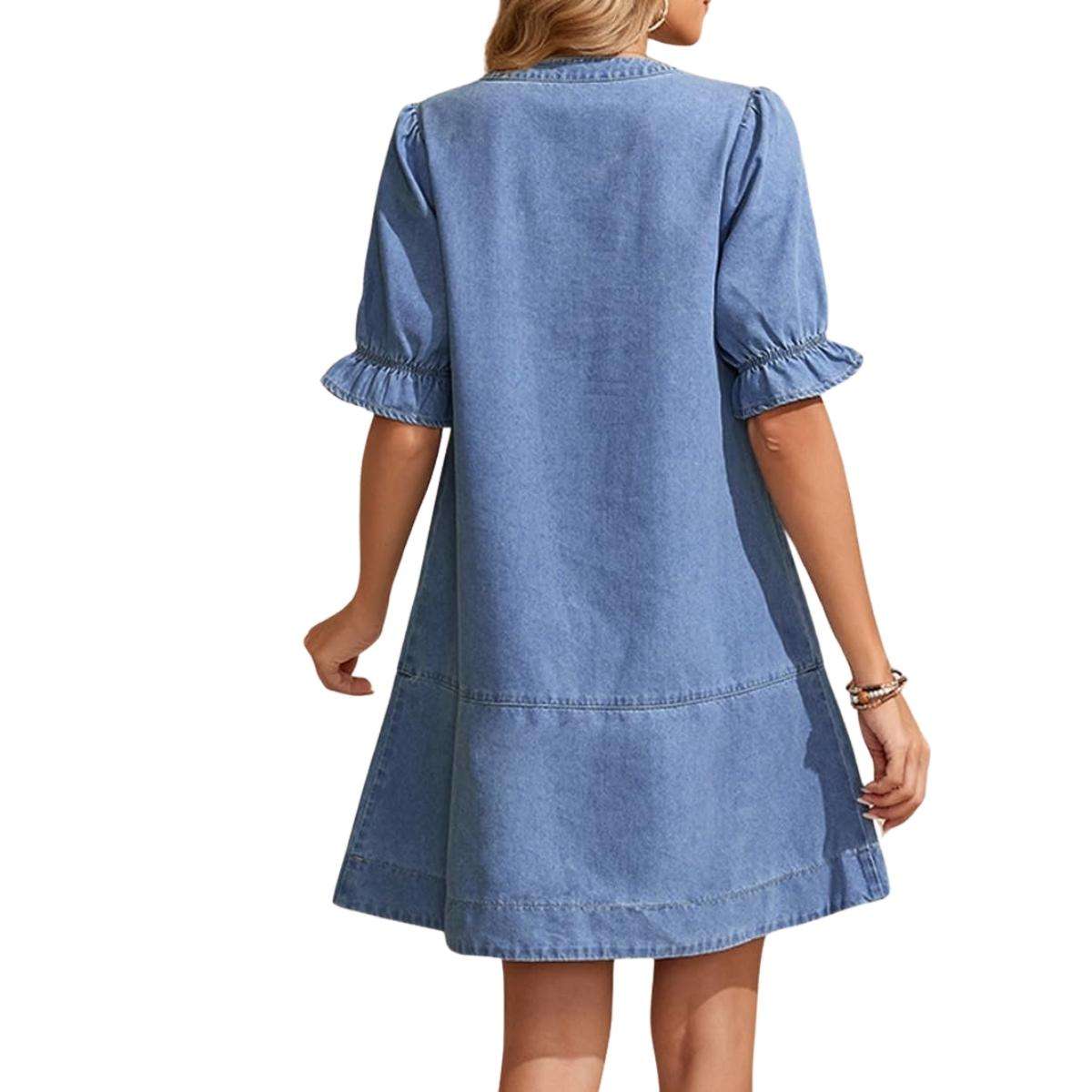 Women’s Button Down Babydoll Denim Ruffle Mini Dress