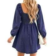 Women’s Western Puff Sleeve Sweetheart Neckline Denim Babydoll Mini Dress