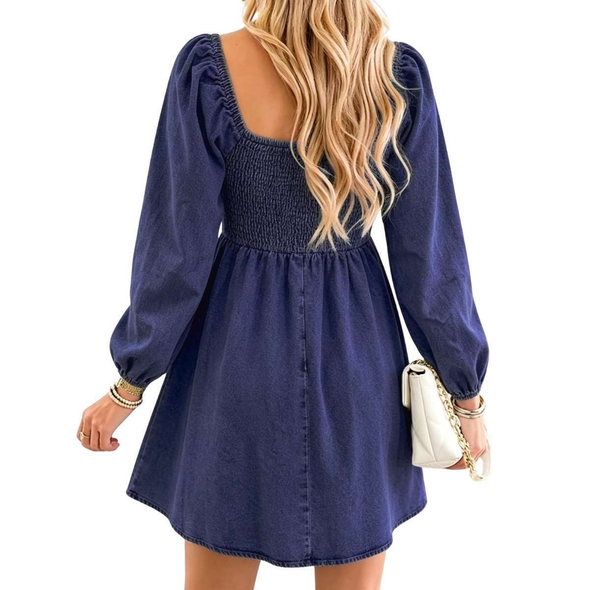 Women’s Western Puff Sleeve Sweetheart Neckline Denim Babydoll Mini Dress