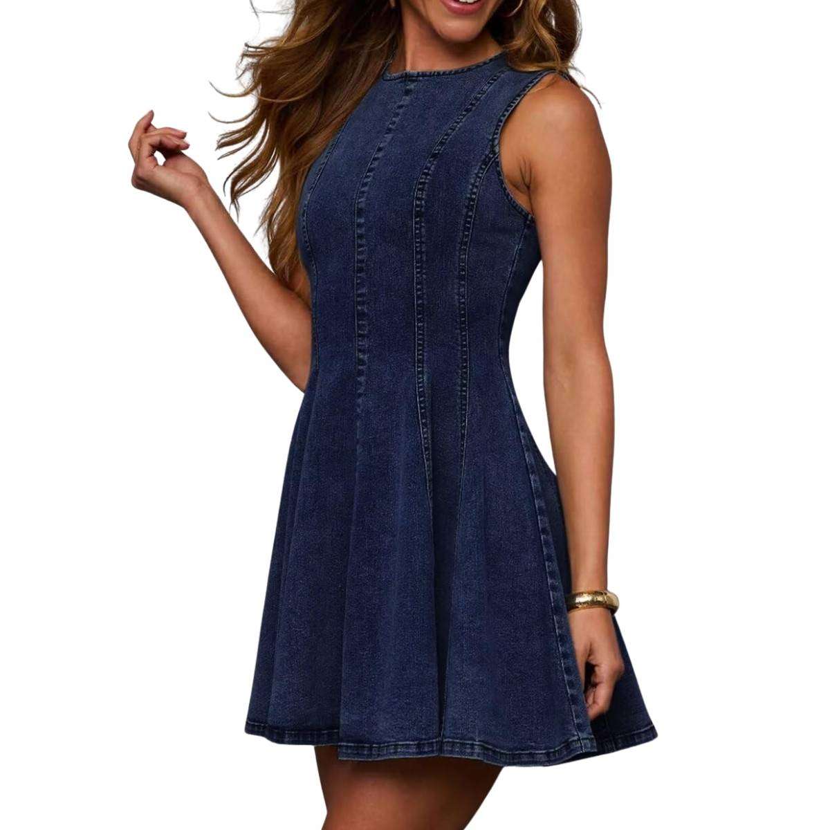 Women’s Sleeveless Slim Fit A-Line Tank Denim Babydoll Mini Dress