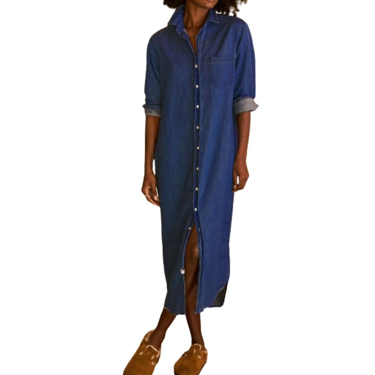 Women’s Distressed Long Sleeve Button Down Denim Shirt Dress