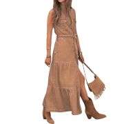 Sleeveless Button Down Belted Midi Jean Dress