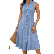 Women’s Sleeveless V Neck Button Front A-Line Pockets Denim Midi Dress