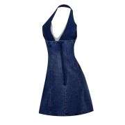 Bow Halter Backless Sleeveless  Lace Trim Denim Mini Dress