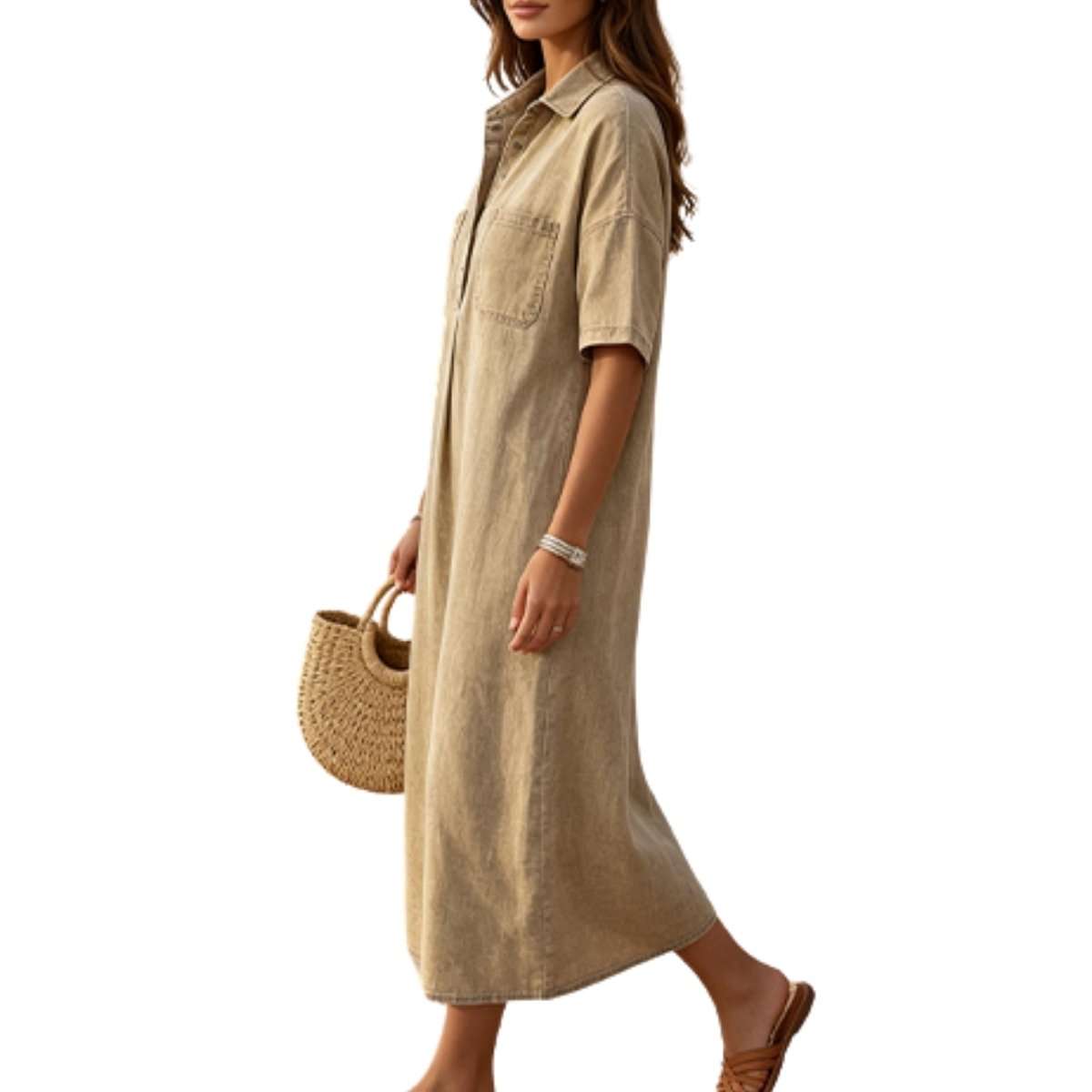 Women’s Distressed Short Sleeve Button Up Pleated Loose Fit Midi Denim Polo Shirt Dress